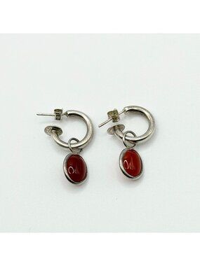 Thailand 925 Sterling Silver Hoop Earrings With Red Stone